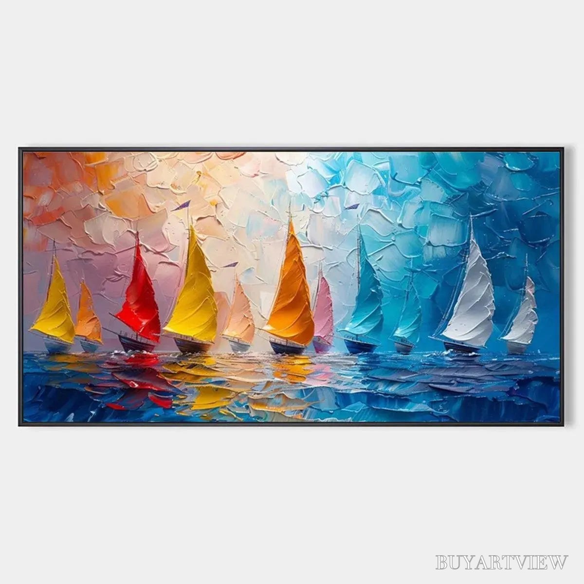 ARTOVITAS Regatta – Textured Sailboat Painting, Impasto , Panoramic Canvas, Coastal Decor - image 1