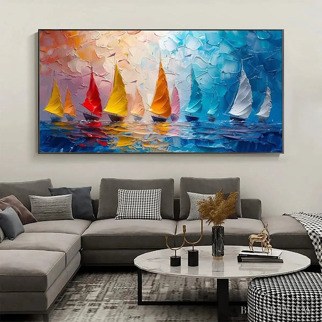 ARTOVITAS Regatta – Textured Sailboat Painting, Impasto , Panoramic Canvas, Coastal Decor - image 2