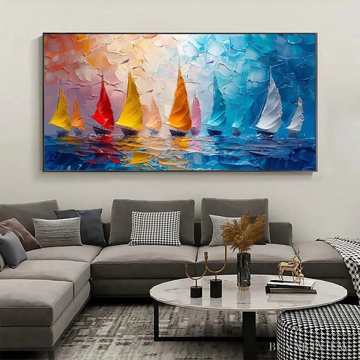 ARTOVITAS Regatta – Textured Sailboat Painting, Impasto , Panoramic Canvas, Coastal Decor - image 2