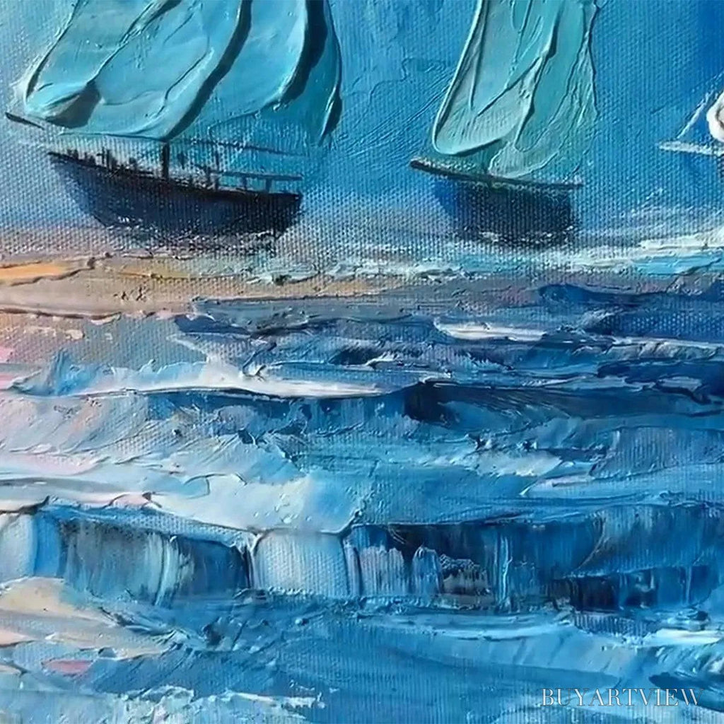 ARTOVITAS Regatta – Textured Sailboat Painting, Impasto , Panoramic Canvas, Coastal Decor - image 3