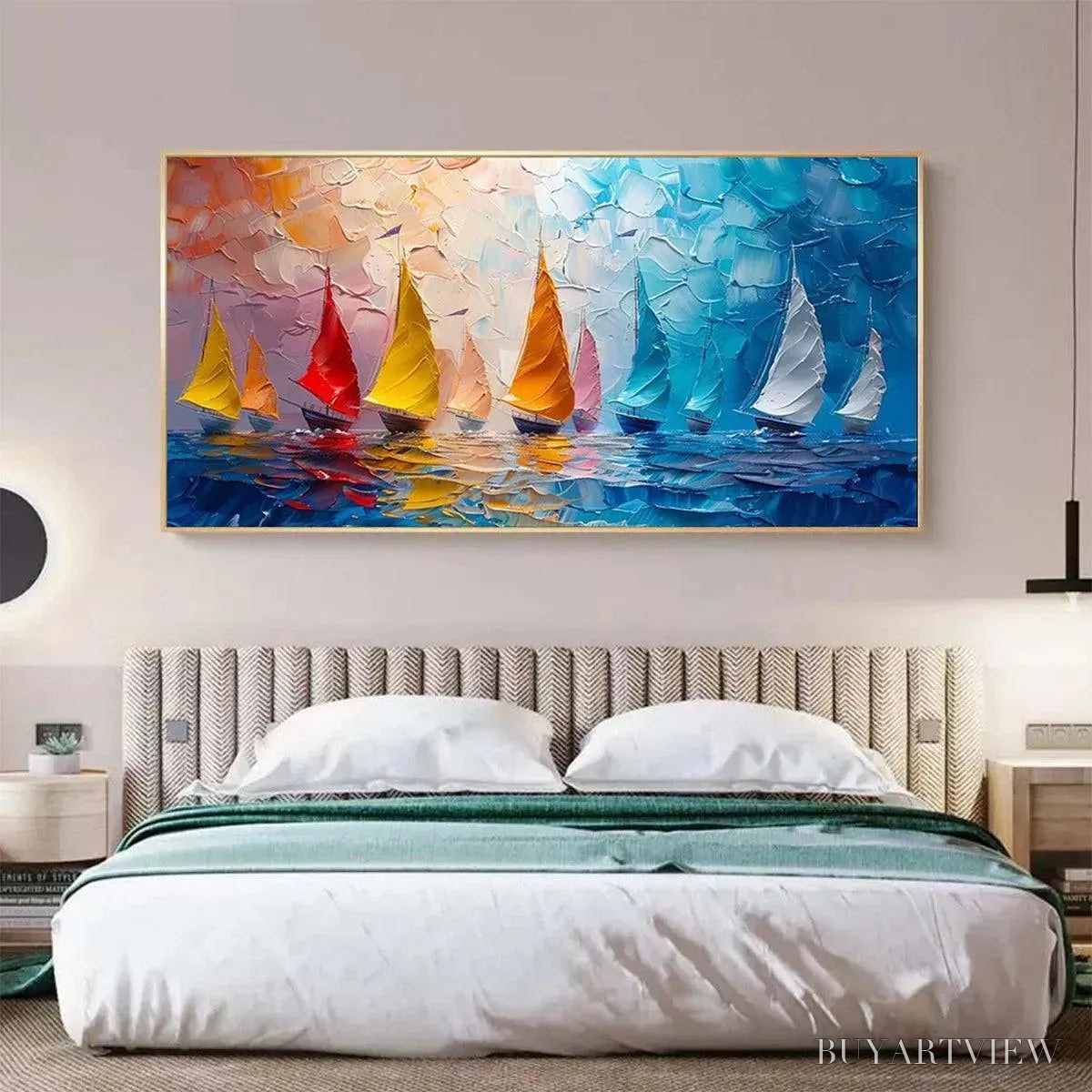 ARTOVITAS Regatta – Textured Sailboat Painting, Impasto , Panoramic Canvas, Coastal Decor - image 4