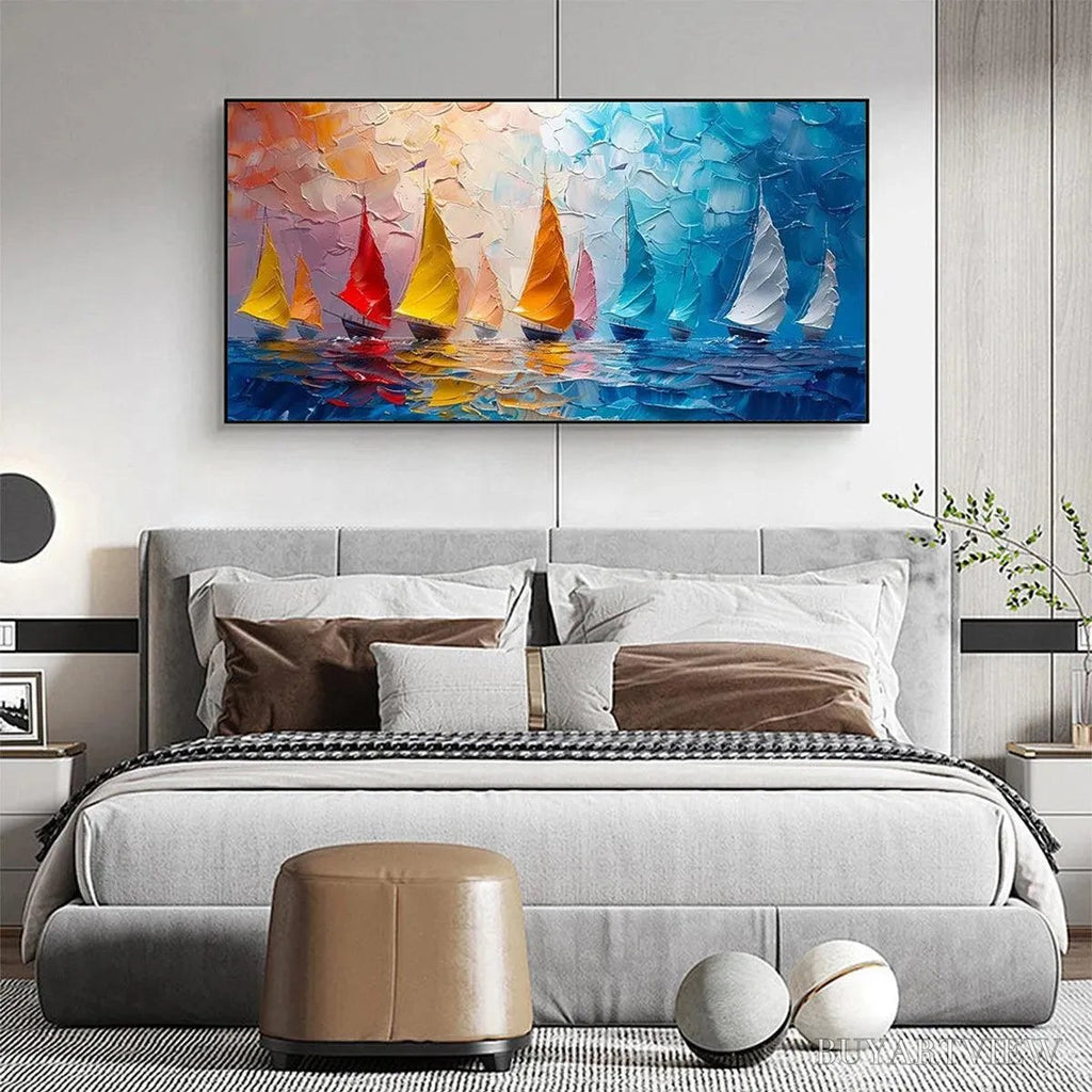 ARTOVITAS Regatta – Textured Sailboat Painting, Impasto , Panoramic Canvas, Coastal Decor - image 5