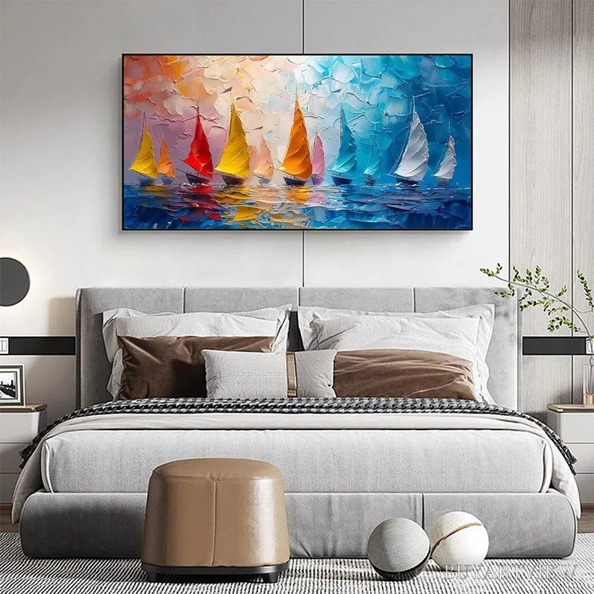 ARTOVITAS Regatta – Textured Sailboat Painting, Impasto , Panoramic Canvas, Coastal Decor - image 5