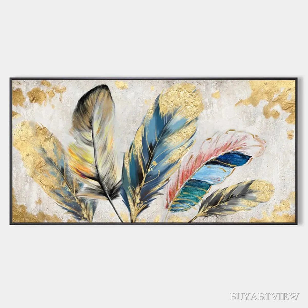 ARTOVITAS Golden and Blue Feathers – Vibrant Feather Painting, Horizontal - image 1
