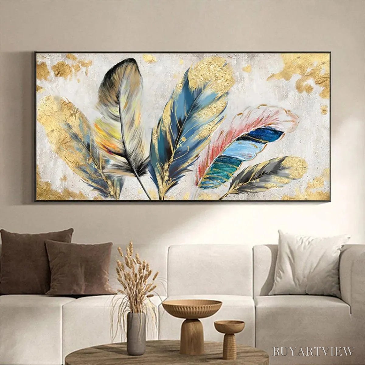 ARTOVITAS Golden and Blue Feathers – Vibrant Feather Painting, Horizontal - image 2