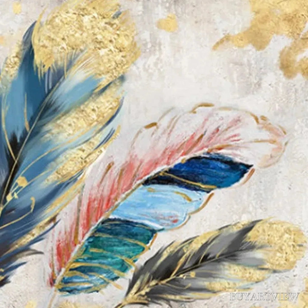 ARTOVITAS Golden and Blue Feathers – Vibrant Feather Painting, Horizontal - image 3