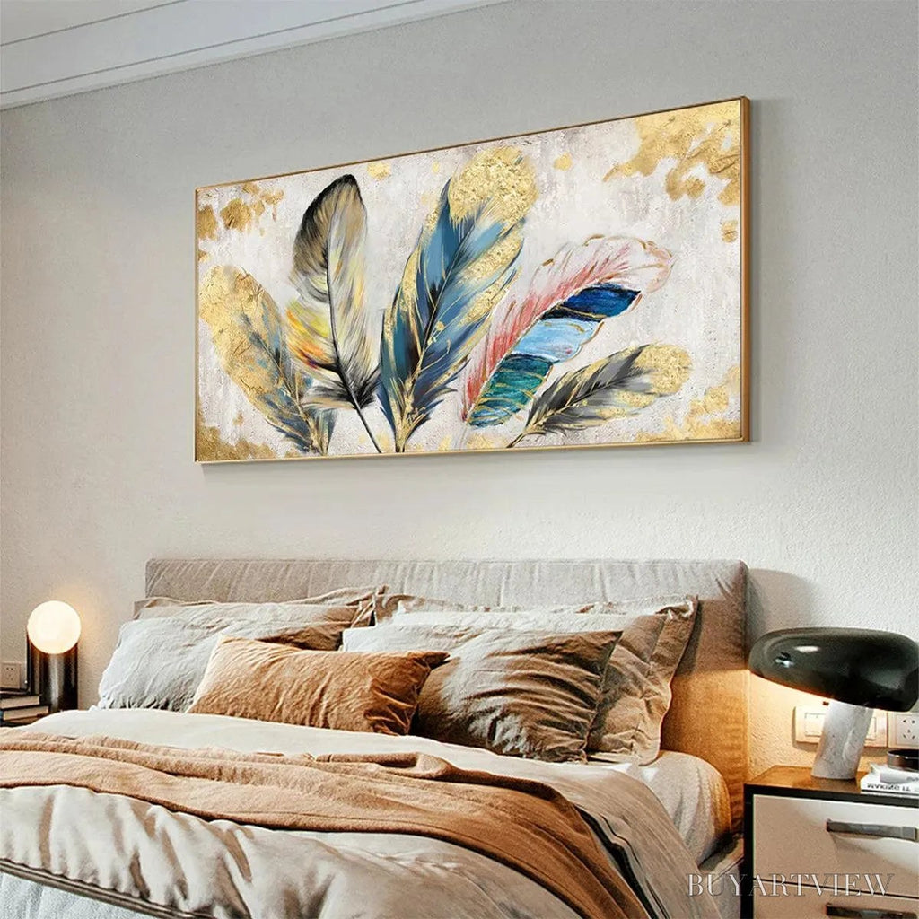 ARTOVITAS Golden and Blue Feathers – Vibrant Feather Painting, Horizontal - image 4