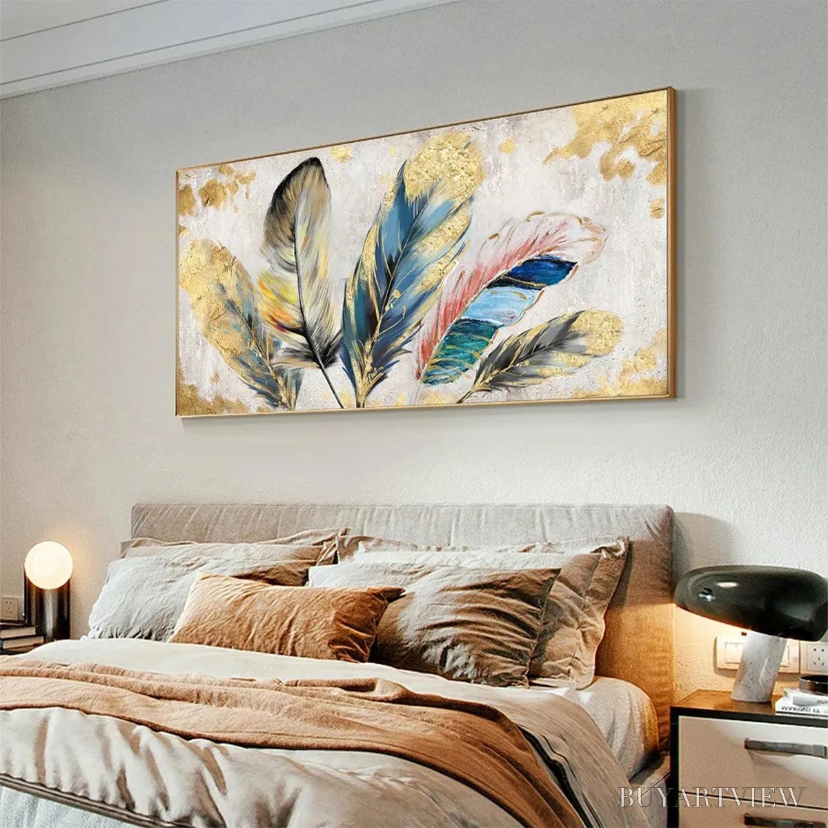 ARTOVITAS Golden and Blue Feathers – Vibrant Feather Painting, Horizontal - image 4