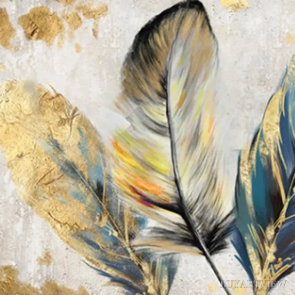 ARTOVITAS Golden and Blue Feathers – Vibrant Feather Painting, Horizontal - image 5