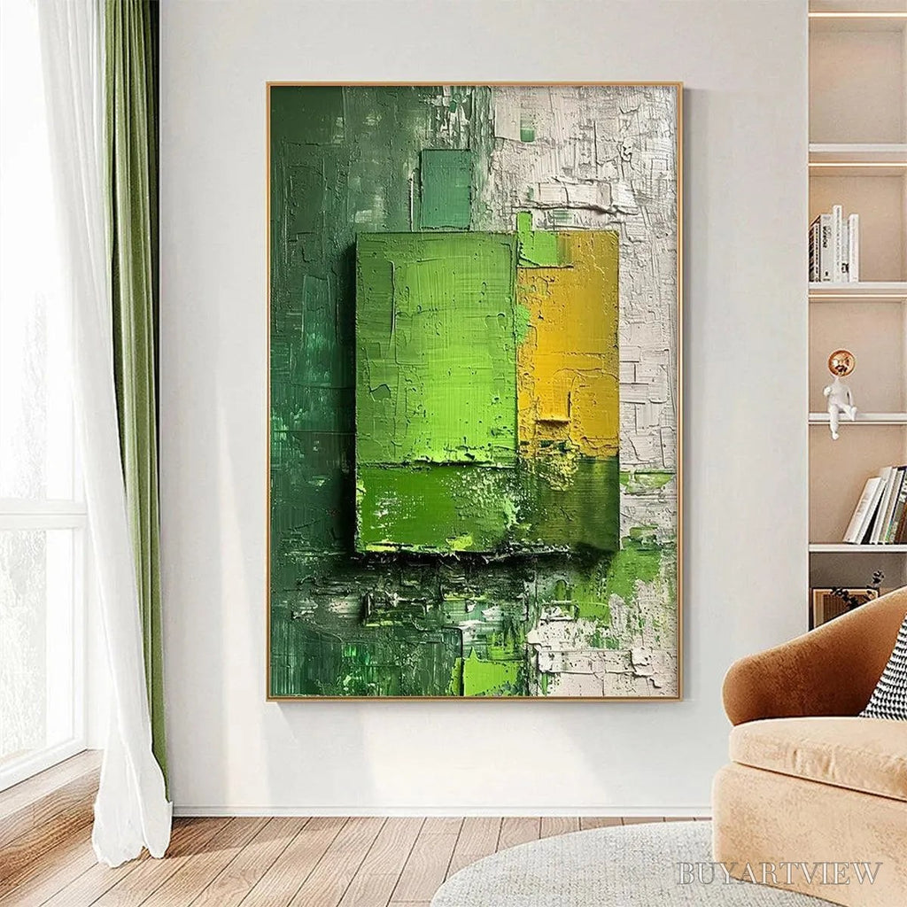 ARTOVITAS Green and Yellow Textured Blocks – Impasto Abstract Painting, Vertical - image 2