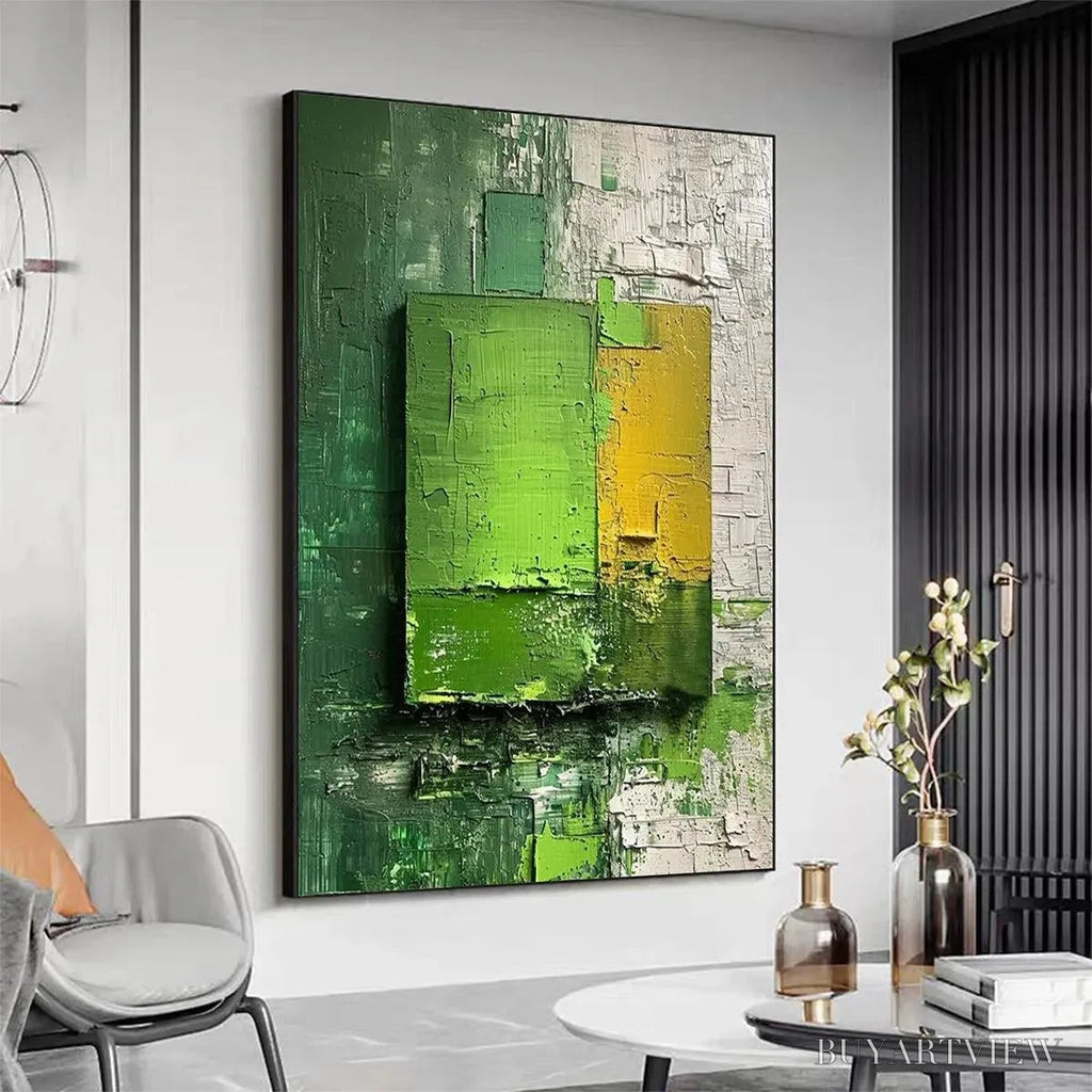 ARTOVITAS Green and Yellow Textured Blocks – Impasto Abstract Painting, Vertical - image 3