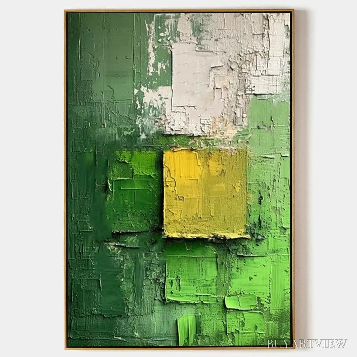 ARTOVITAS Textured Green and Yellow – Textured Abstract Painting, Vertical - image 1