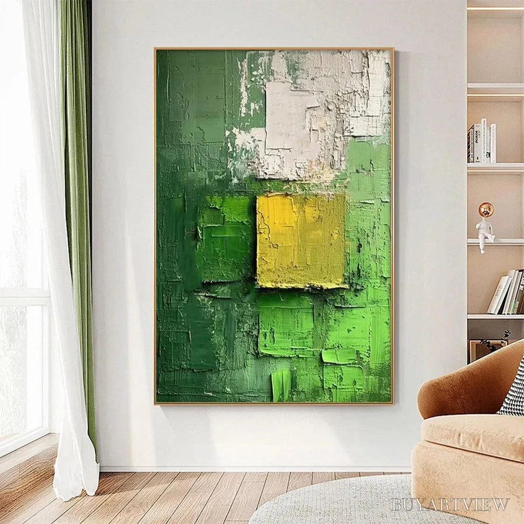 ARTOVITAS Textured Green and Yellow – Textured Abstract Painting, Vertical - image 2