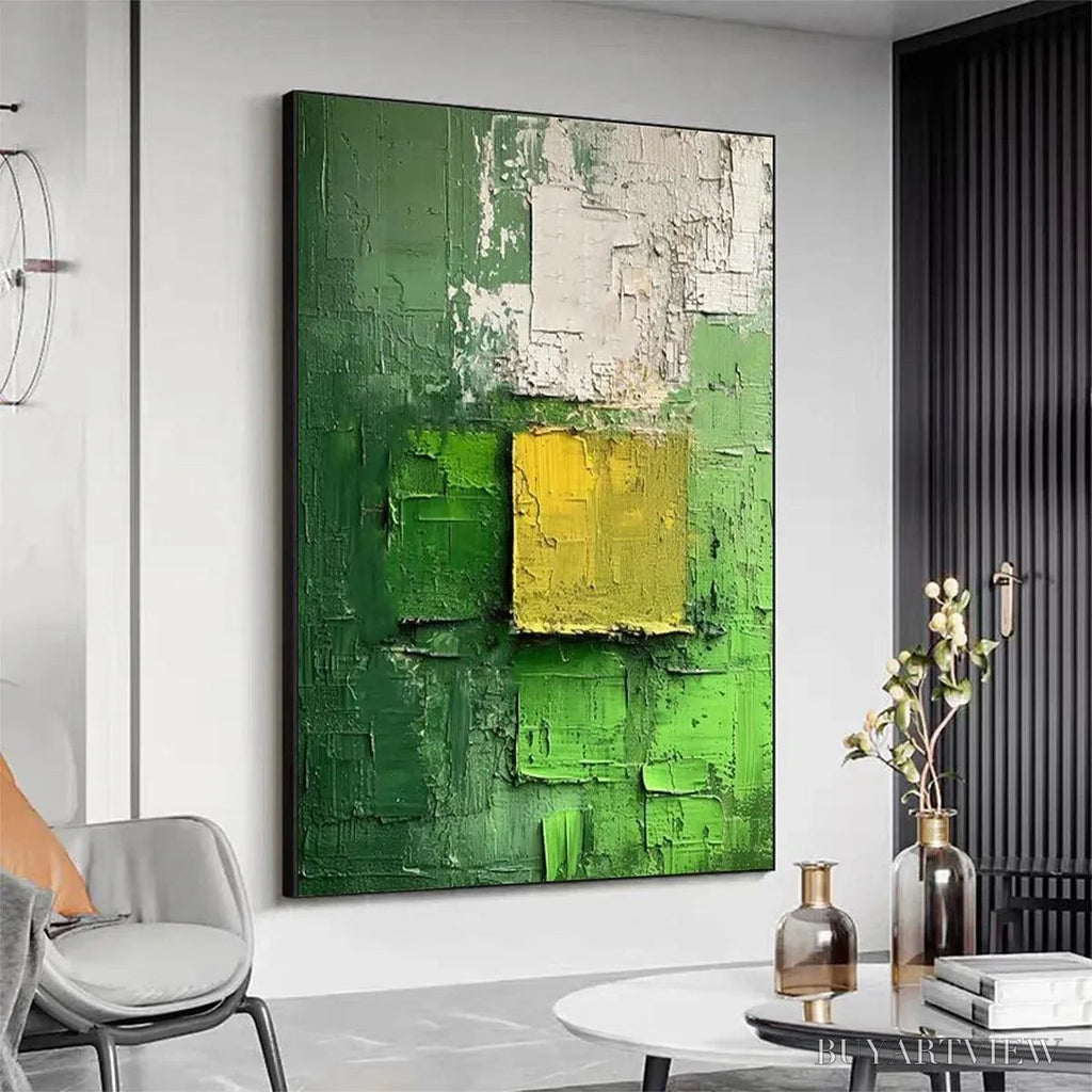 ARTOVITAS Textured Green and Yellow – Textured Abstract Painting, Vertical - image 3