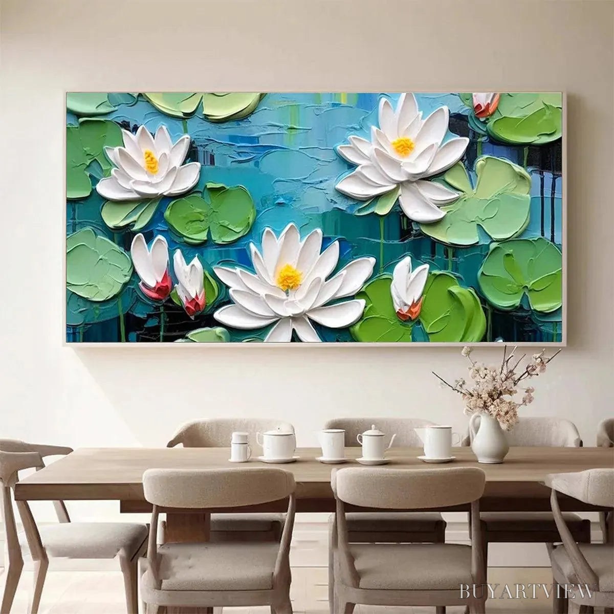 ARTOVITAS Serene Lotus Pond – Textured Impasto Water Lilies Painting, Horizontal - image 2