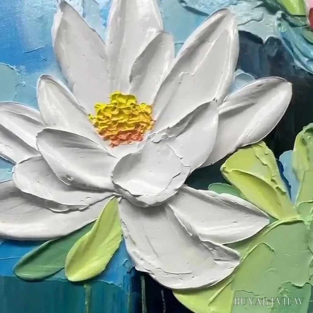 ARTOVITAS Serene Lotus Pond – Textured Impasto Water Lilies Painting, Horizontal - image 3