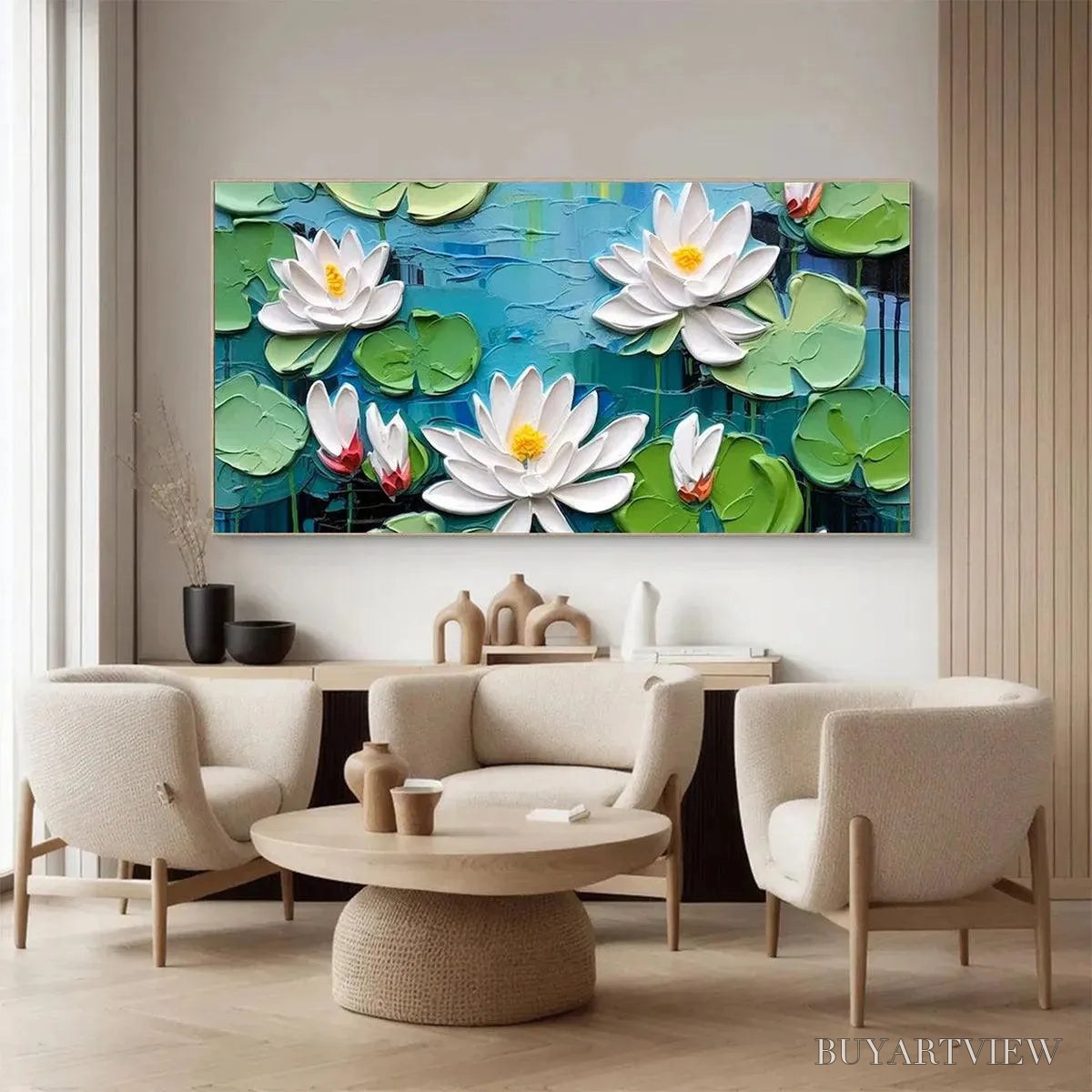 ARTOVITAS Serene Lotus Pond – Textured Impasto Water Lilies Painting, Horizontal - image 4