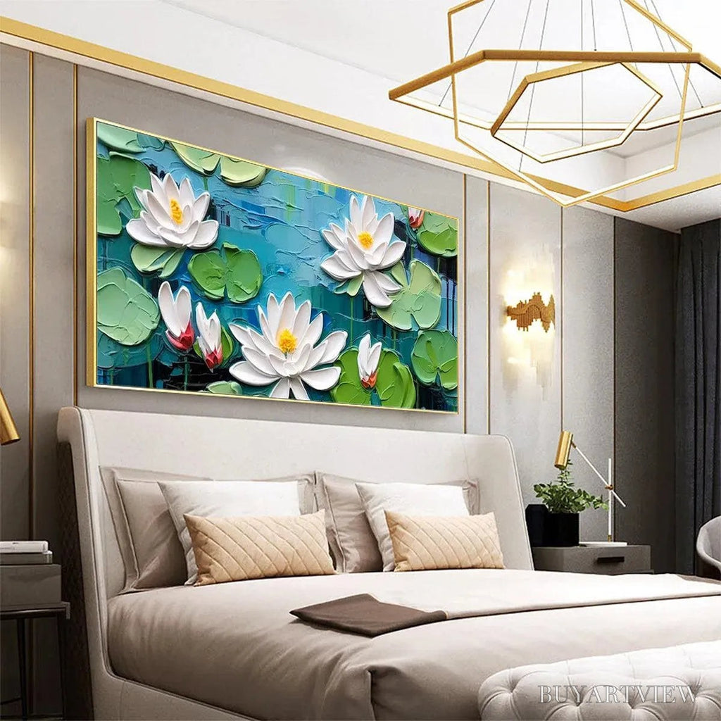 ARTOVITAS Serene Lotus Pond – Textured Impasto Water Lilies Painting, Horizontal - image 5