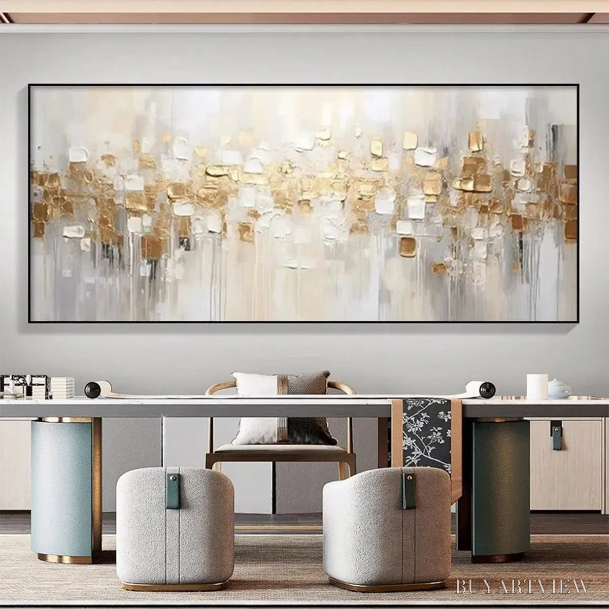 ARTOVITAS Golden Abstract – Textured Gold and White Abstract Painting - image 2