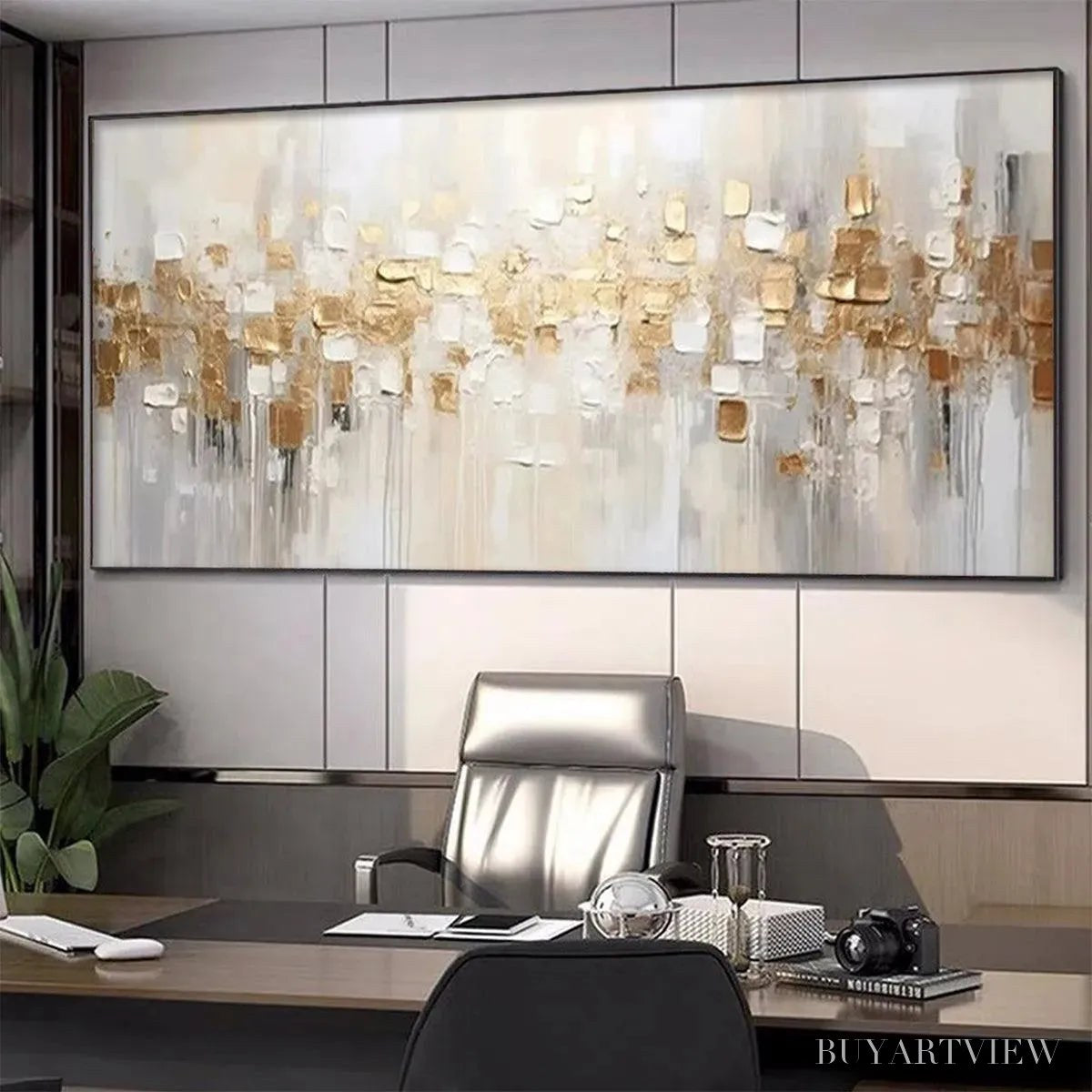 ARTOVITAS Golden Abstract – Textured Gold and White Abstract Painting - image 4