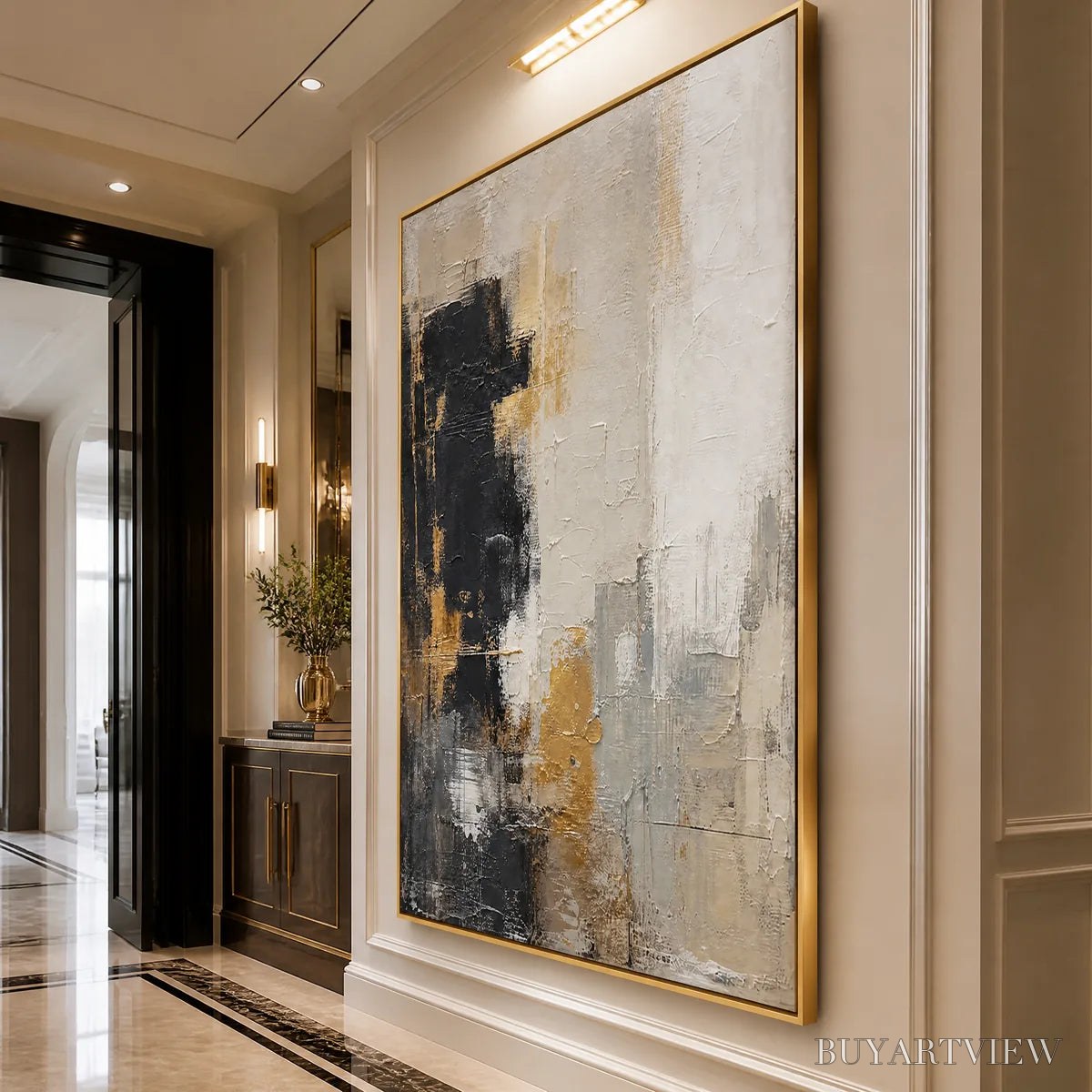 ARTOVITAS Gilded Contrast – Black White Gold Abstract Painting - image 4