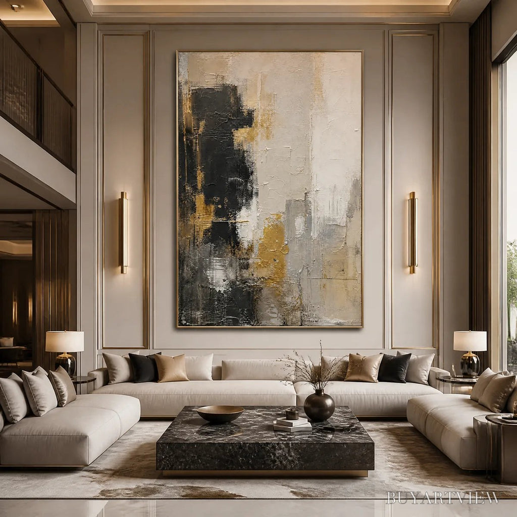ARTOVITAS Gilded Contrast – Black White Gold Abstract Painting - image 5