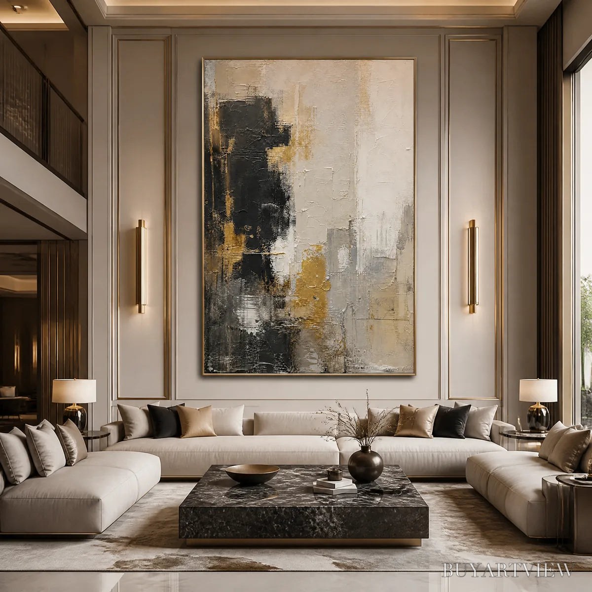 ARTOVITAS Gilded Contrast – Black White Gold Abstract Painting - image 5