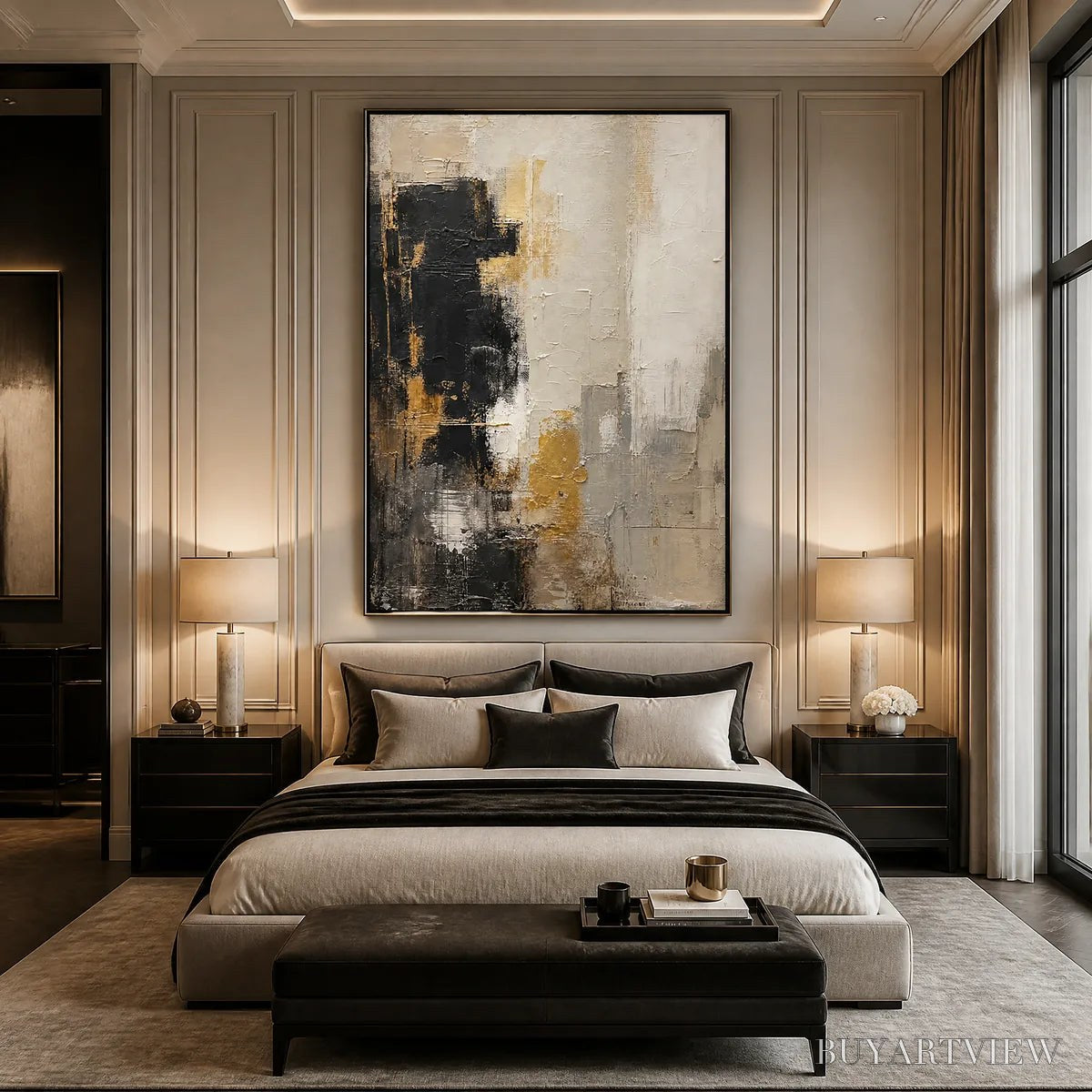 ARTOVITAS Gilded Contrast – Black White Gold Abstract Painting - image 6