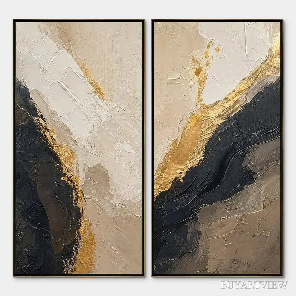 ARTOVITAS Twin Ember – Black Gold Diptych Abstract Set - image 1