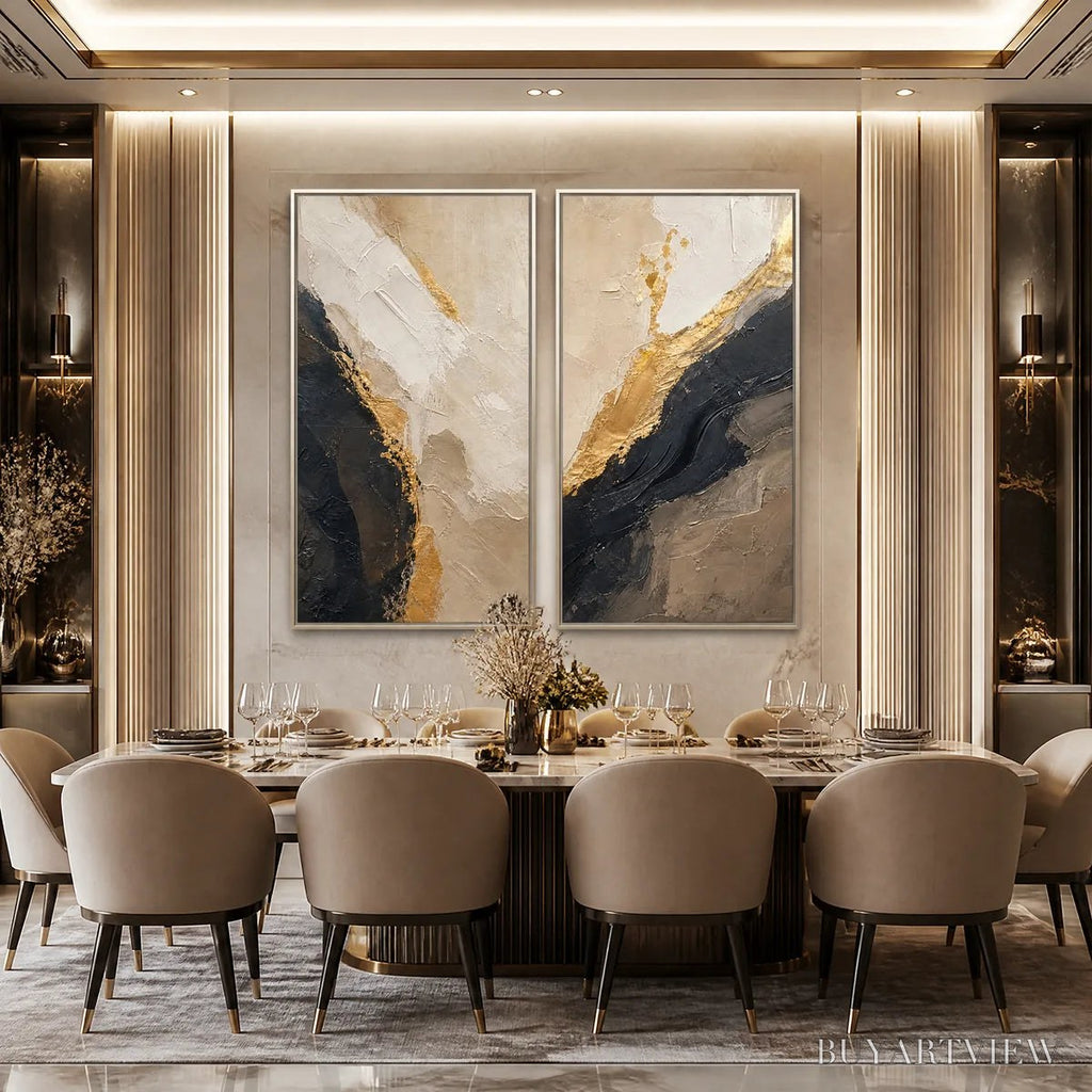 ARTOVITAS Twin Ember – Black Gold Diptych Abstract Set - image 2