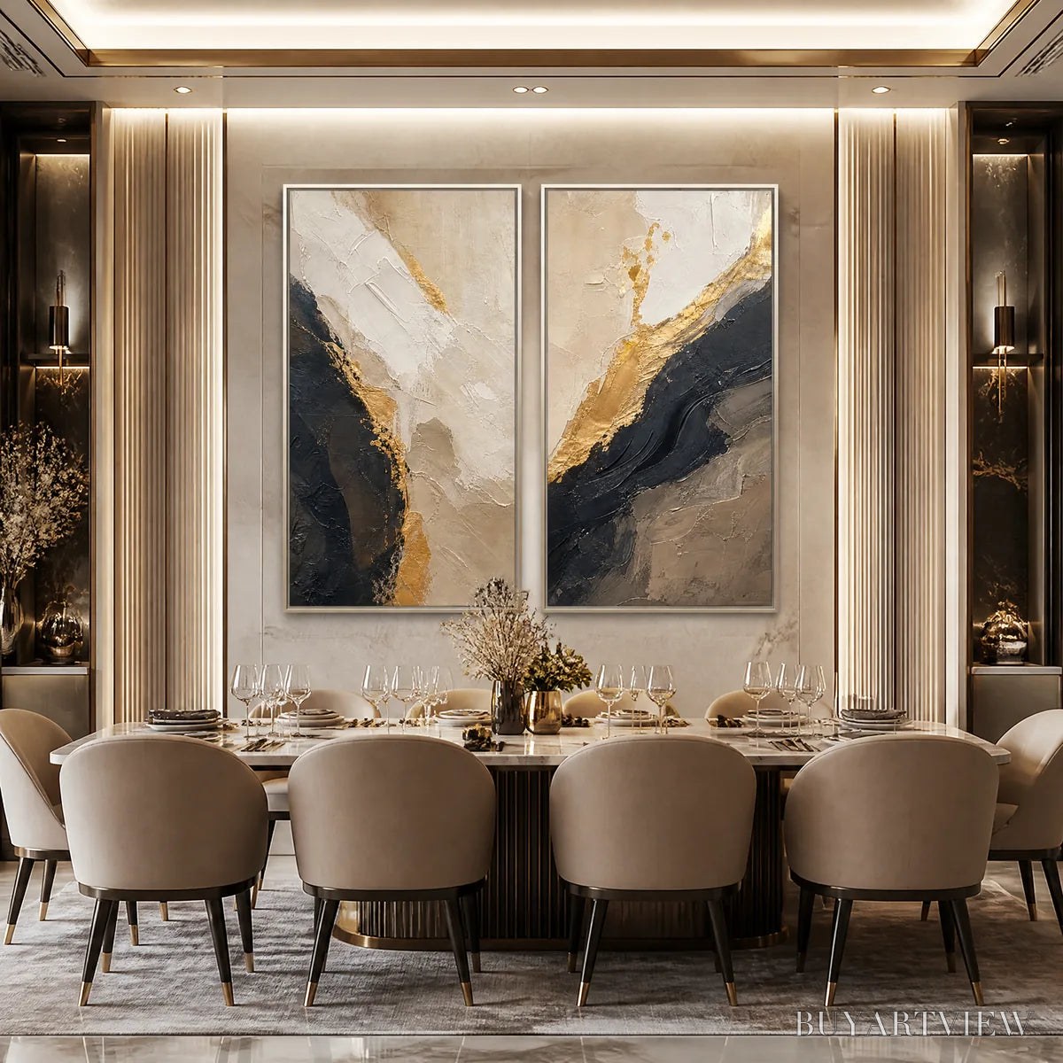 ARTOVITAS Twin Ember – Black Gold Diptych Abstract Set - image 2