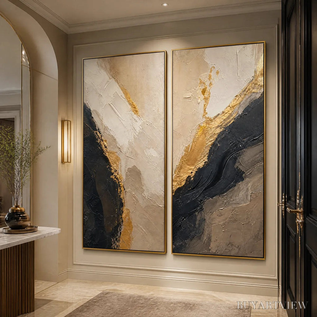 ARTOVITAS Twin Ember – Black Gold Diptych Abstract Set - image 4