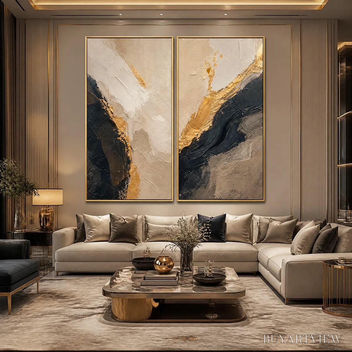 ARTOVITAS Twin Ember – Black Gold Diptych Abstract Set - image 5