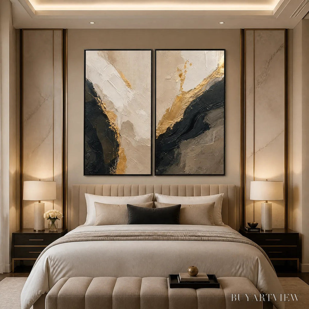 ARTOVITAS Twin Ember – Black Gold Diptych Abstract Set - image 6