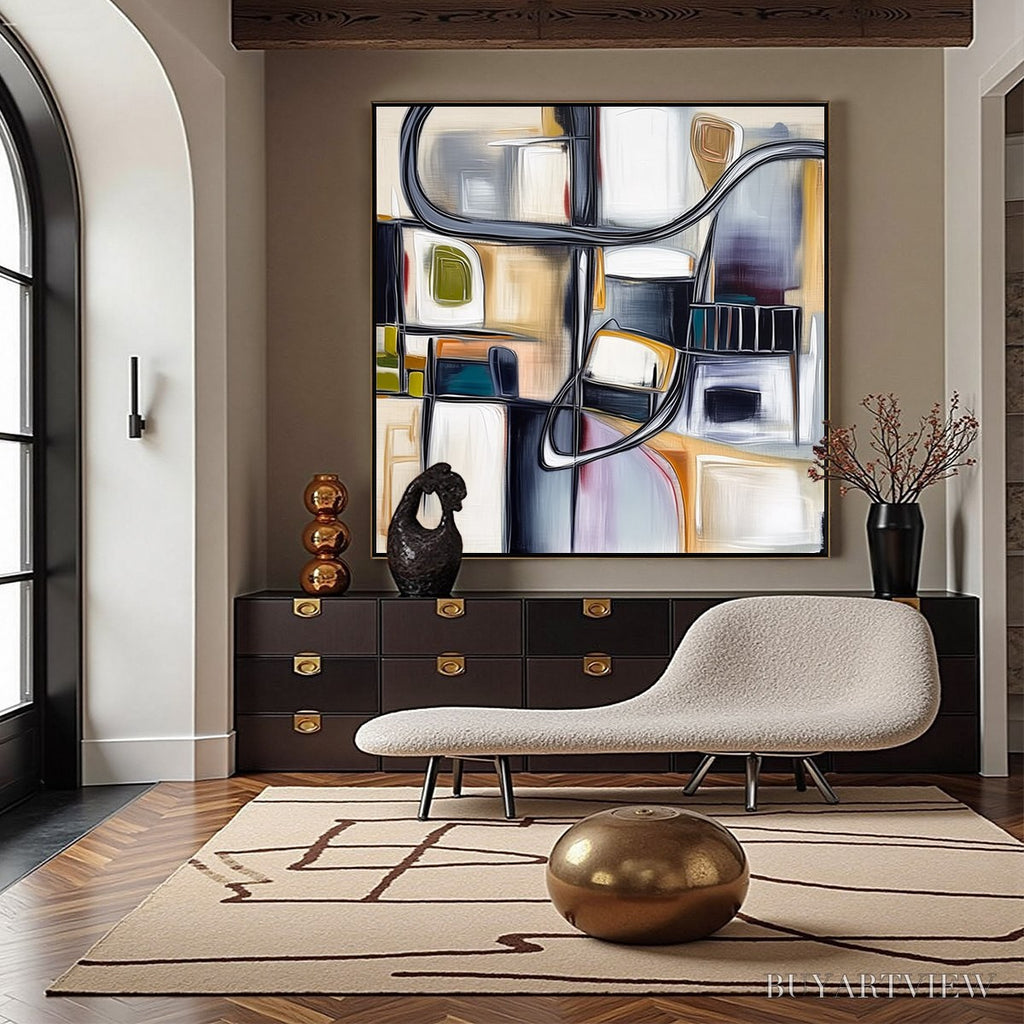 ARTOVITAS Structured Chaos – Modern Square Abstract Painting with Architectural Lines - image 2