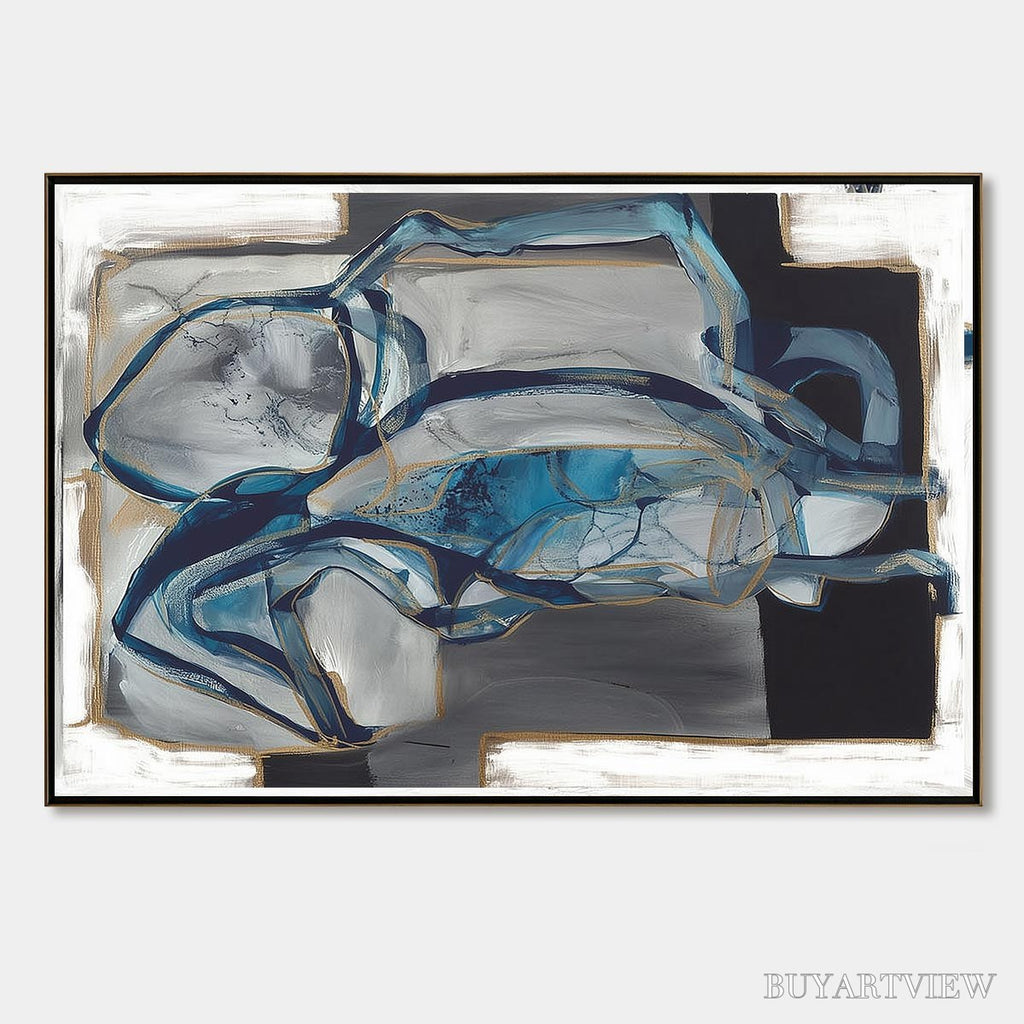ARTOVITAS Azure Depths – Abstract Blue and Gold Oil Painting - image 1