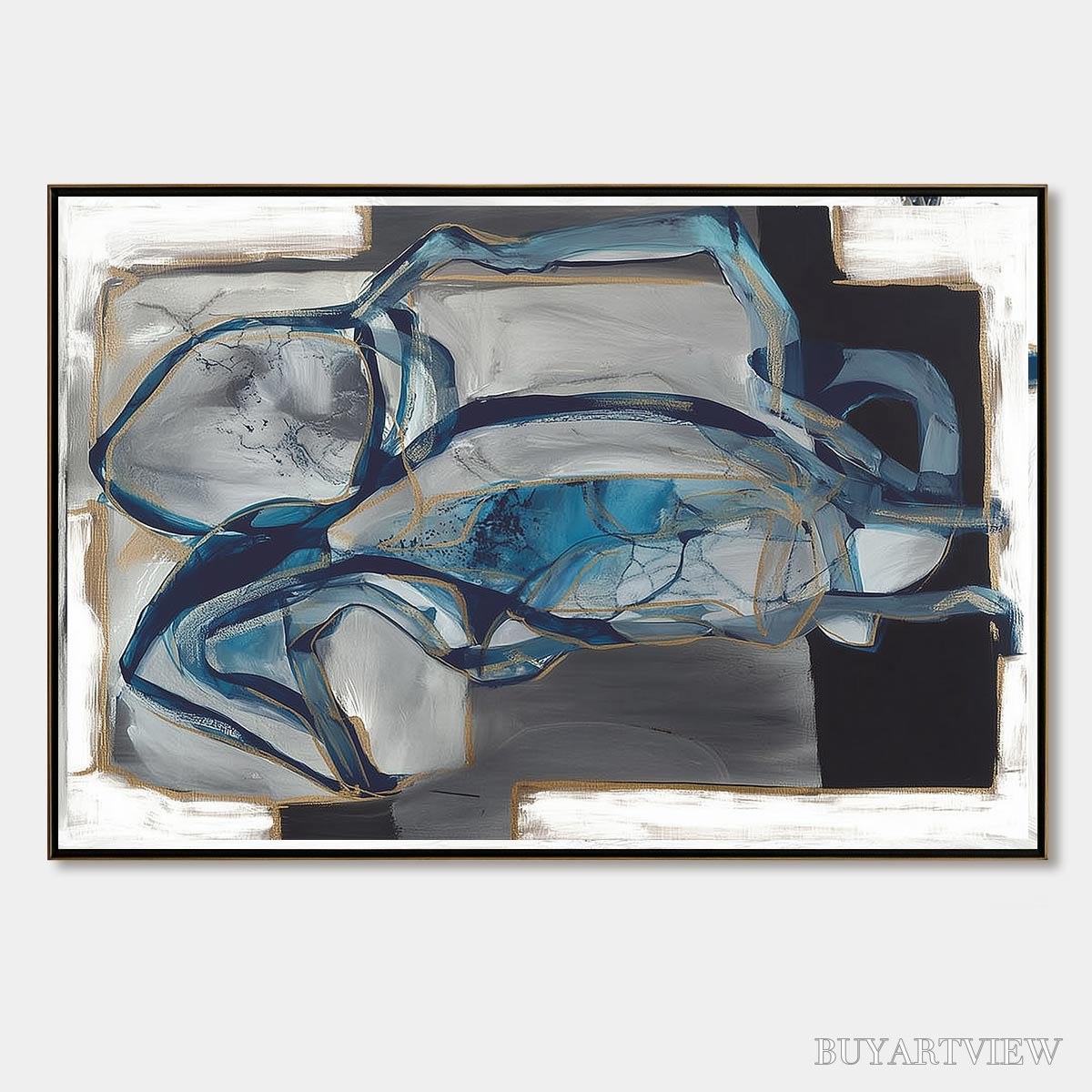ARTOVITAS Azure Depths – Abstract Blue and Gold Oil Painting - image 1
