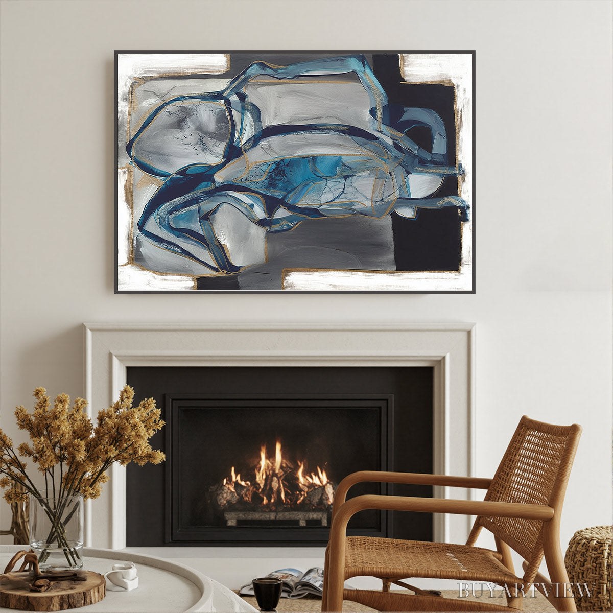 ARTOVITAS Azure Depths – Abstract Blue and Gold Oil Painting - image 2