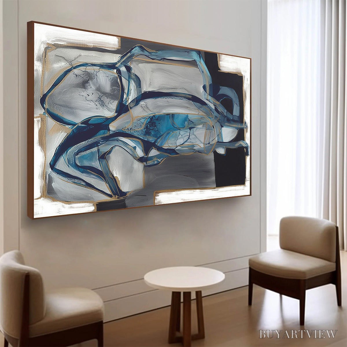 ARTOVITAS Azure Depths – Abstract Blue and Gold Oil Painting - image 3
