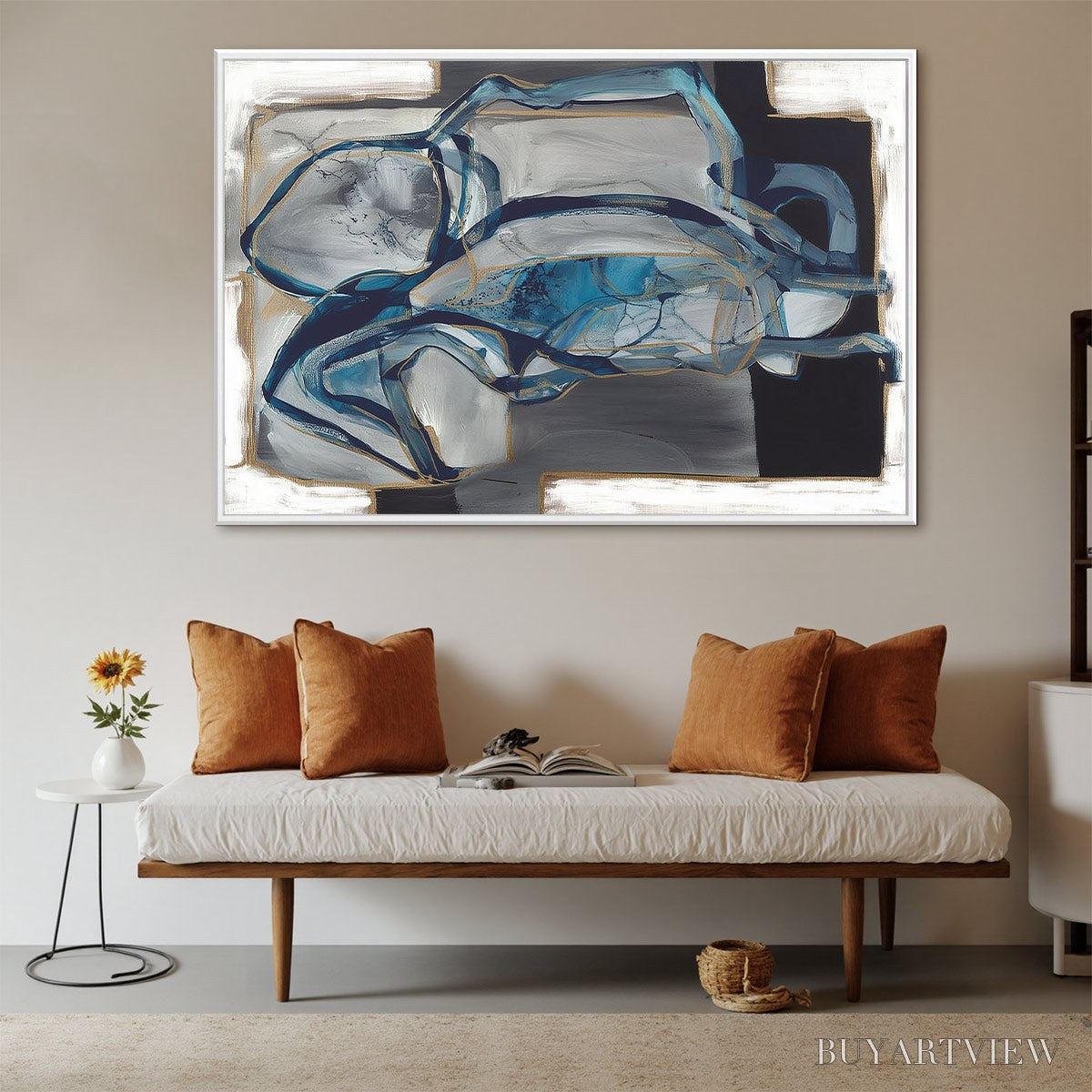 ARTOVITAS Azure Depths – Abstract Blue and Gold Oil Painting - image 5