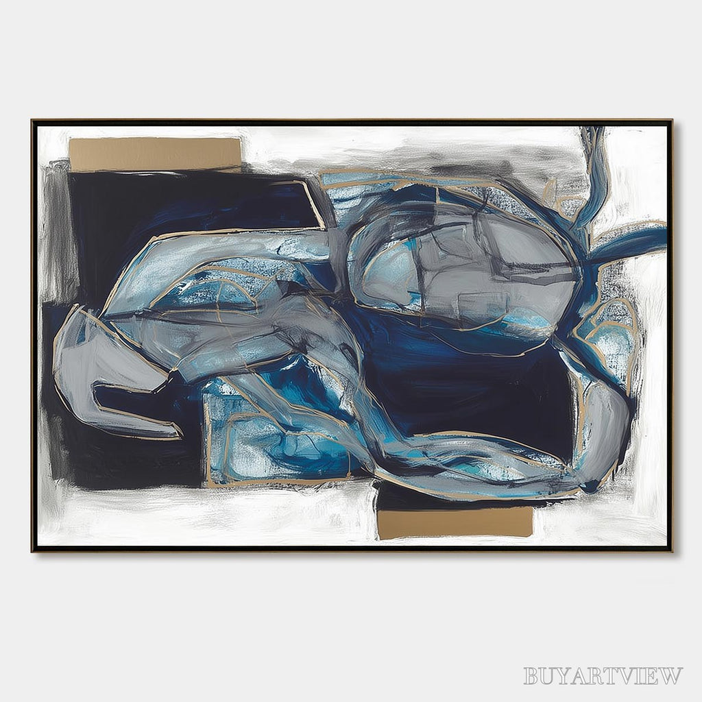 ARTOVITAS Indigo Dreamscape – Abstract Blue and Gold Oil Painting - image 1