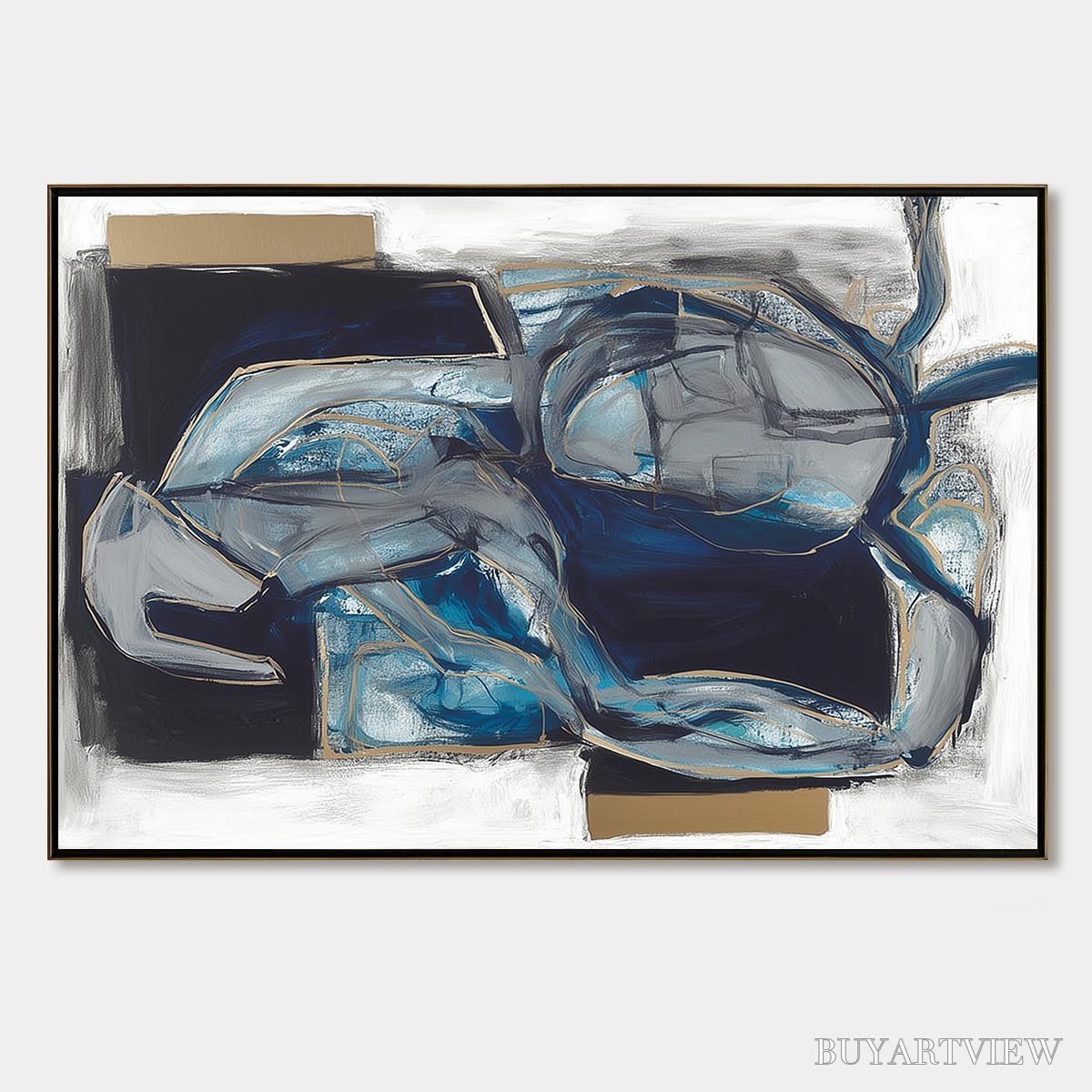 ARTOVITAS Indigo Dreamscape – Abstract Blue and Gold Oil Painting - image 1