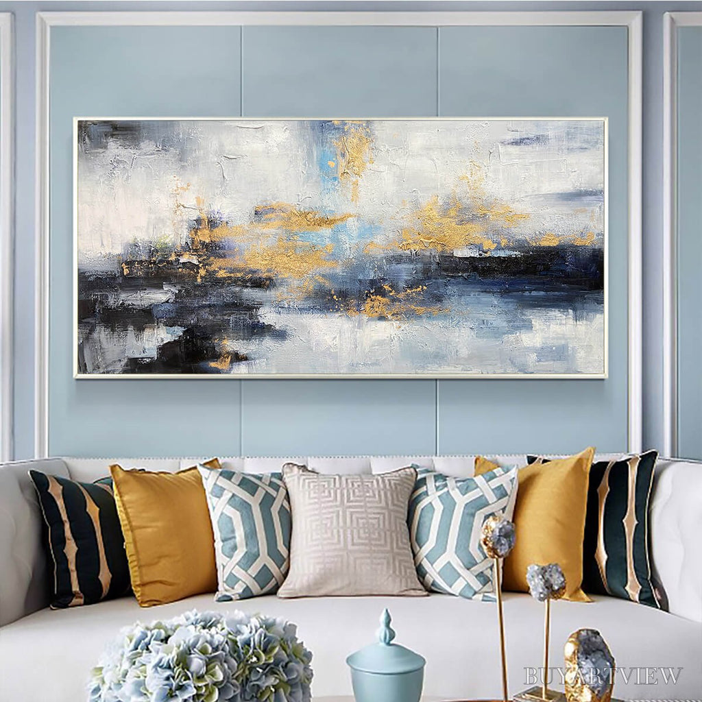 ARTOVITAS Azure Dream – Abstract Blue and Gold Oil Painting - image 2