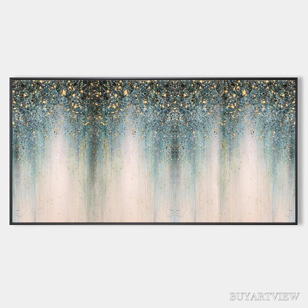 ARTOVITAS Emerald Rain – Panoramic Abstract Oil Painting with Gold and Green - image 1