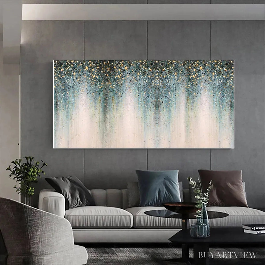ARTOVITAS Emerald Rain – Panoramic Abstract Oil Painting with Gold and Green - image 2