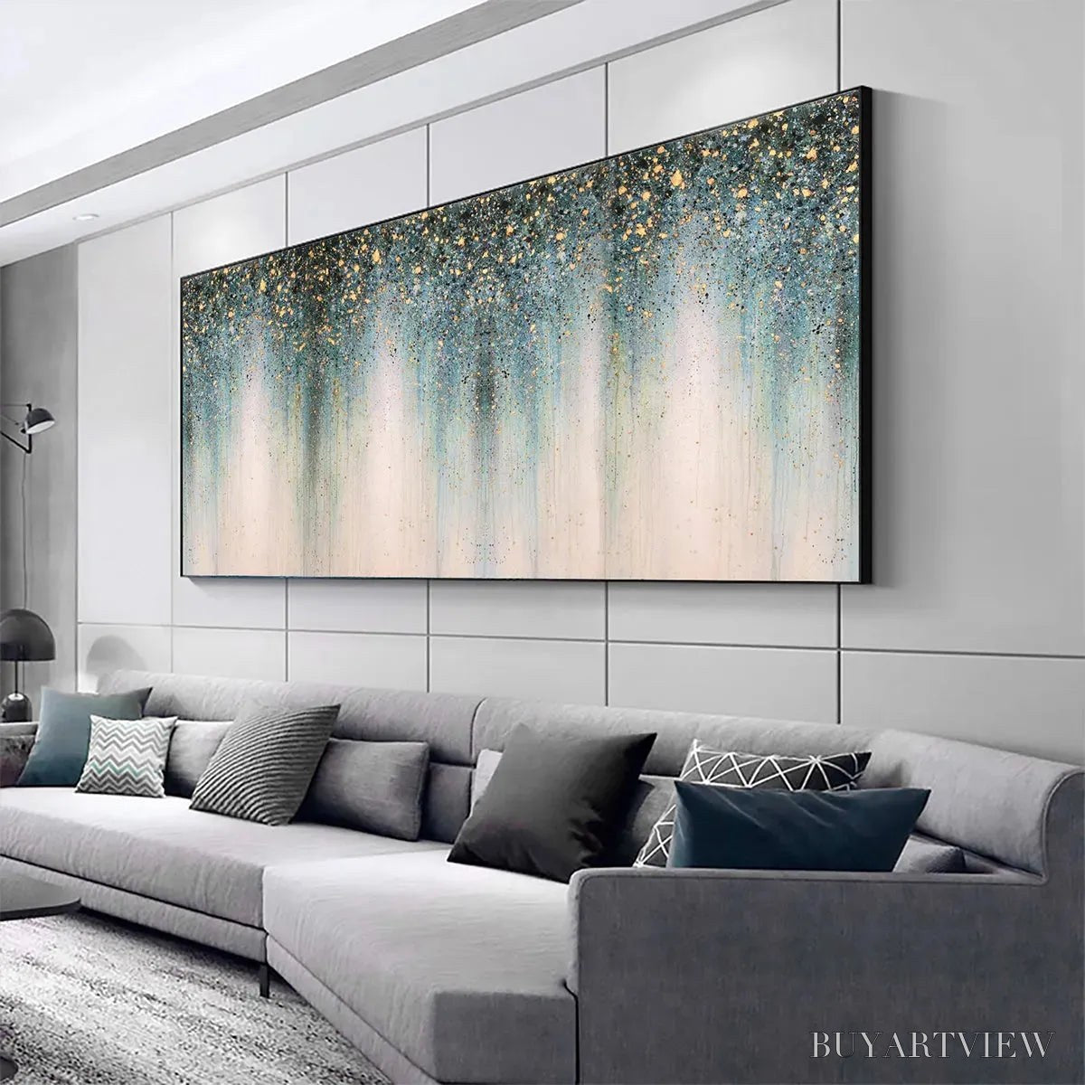 ARTOVITAS Emerald Rain – Panoramic Abstract Oil Painting with Gold and Green - image 4