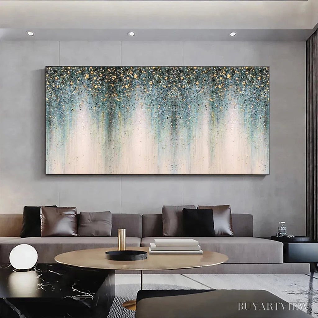ARTOVITAS Emerald Rain – Panoramic Abstract Oil Painting with Gold and Green - image 6