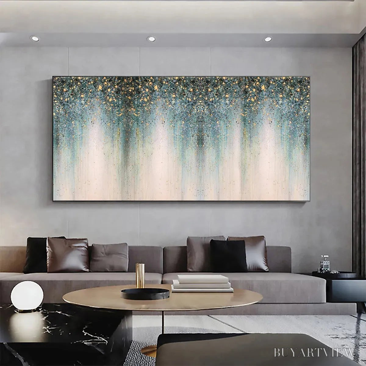 ARTOVITAS Emerald Rain – Panoramic Abstract Oil Painting with Gold and Green - image 6