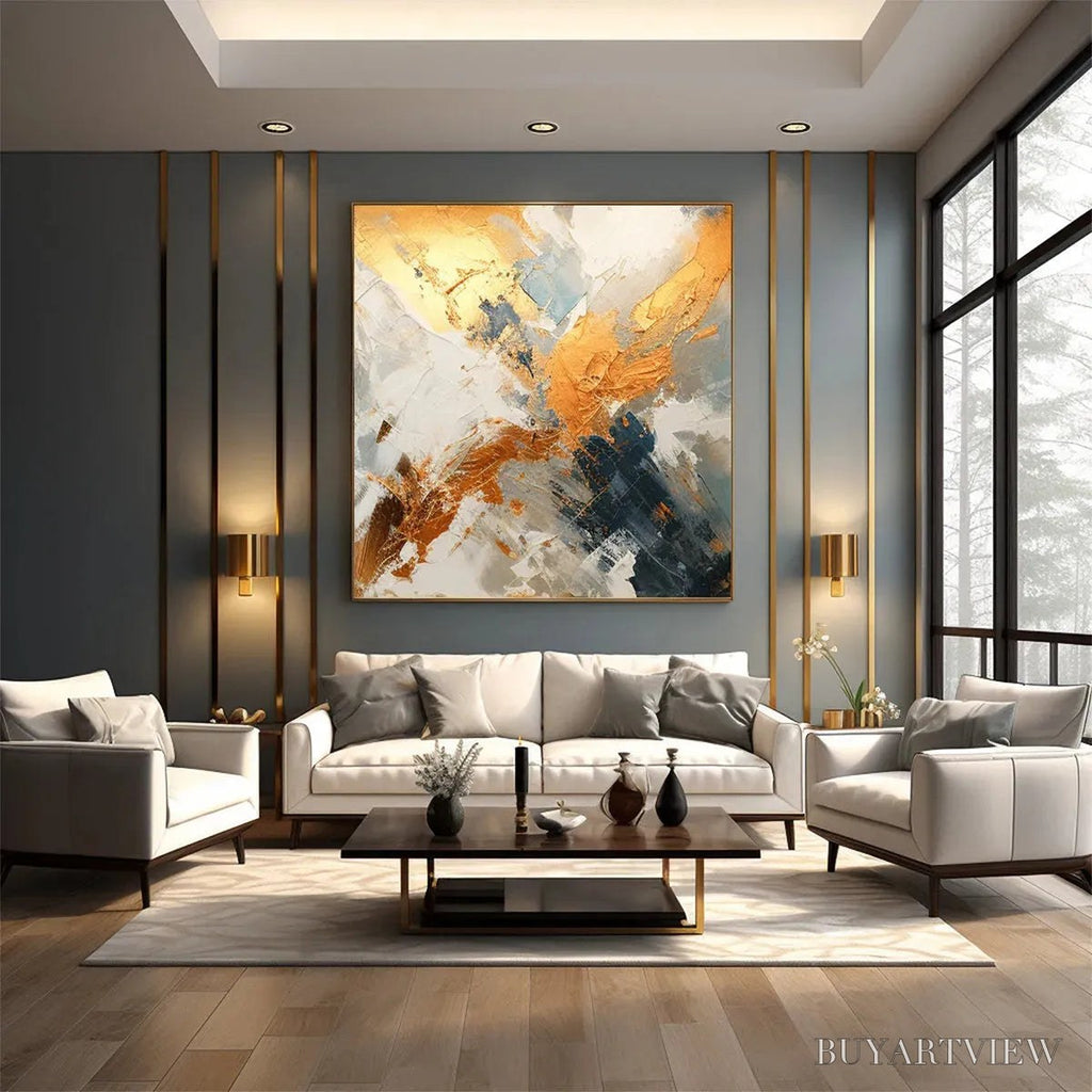 ARTOVITAS Gilded Confluence – Square Abstract Oil Painting with Gold, and Grey - image 2