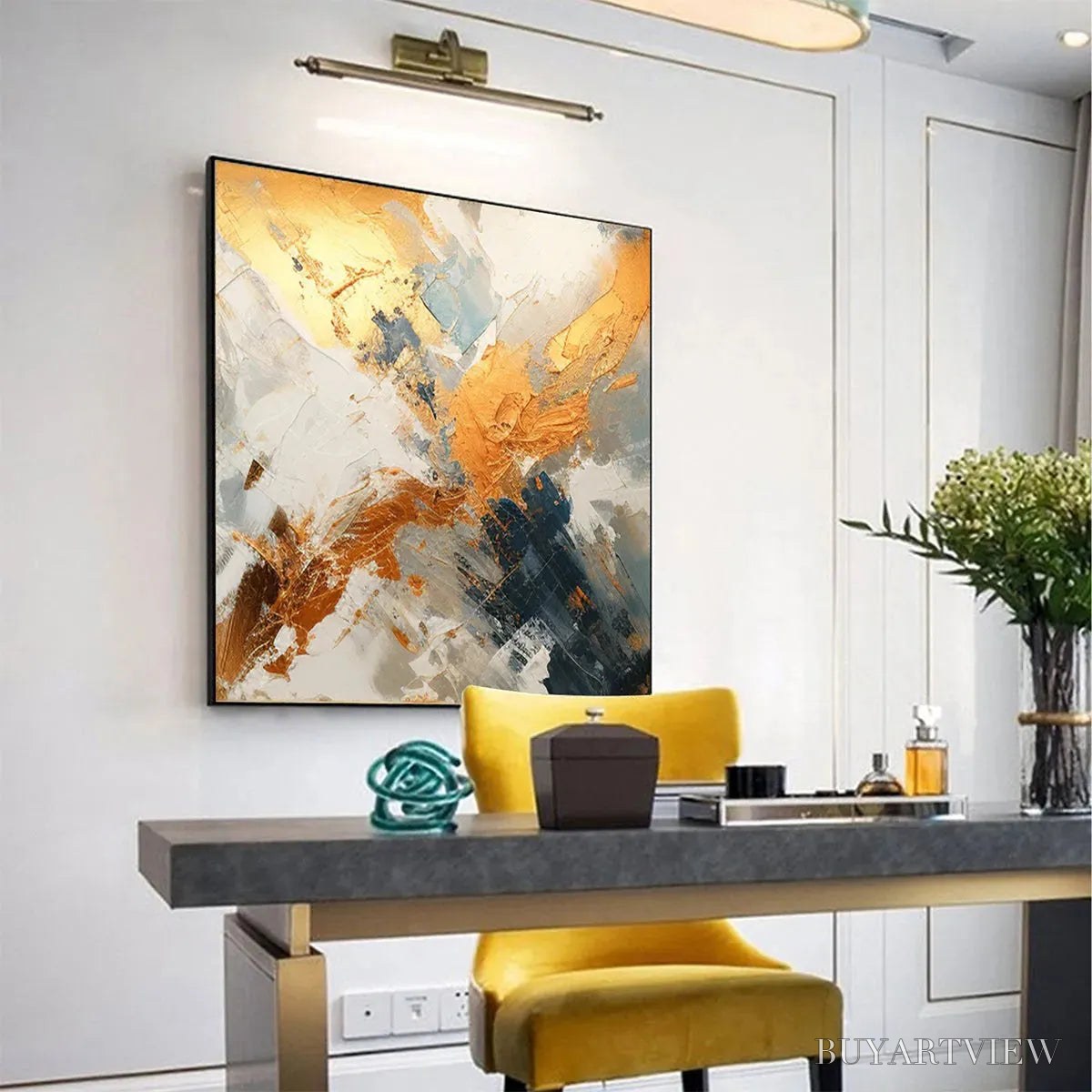 ARTOVITAS Gilded Confluence – Square Abstract Oil Painting with Gold, and Grey - image 3